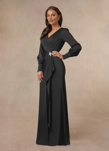 Elegant Black Mermaid Pleated Satin Mother of the Bride Dress with Wrap - Style Ruched Bodice Lantern Sleeves and Embellished Accent