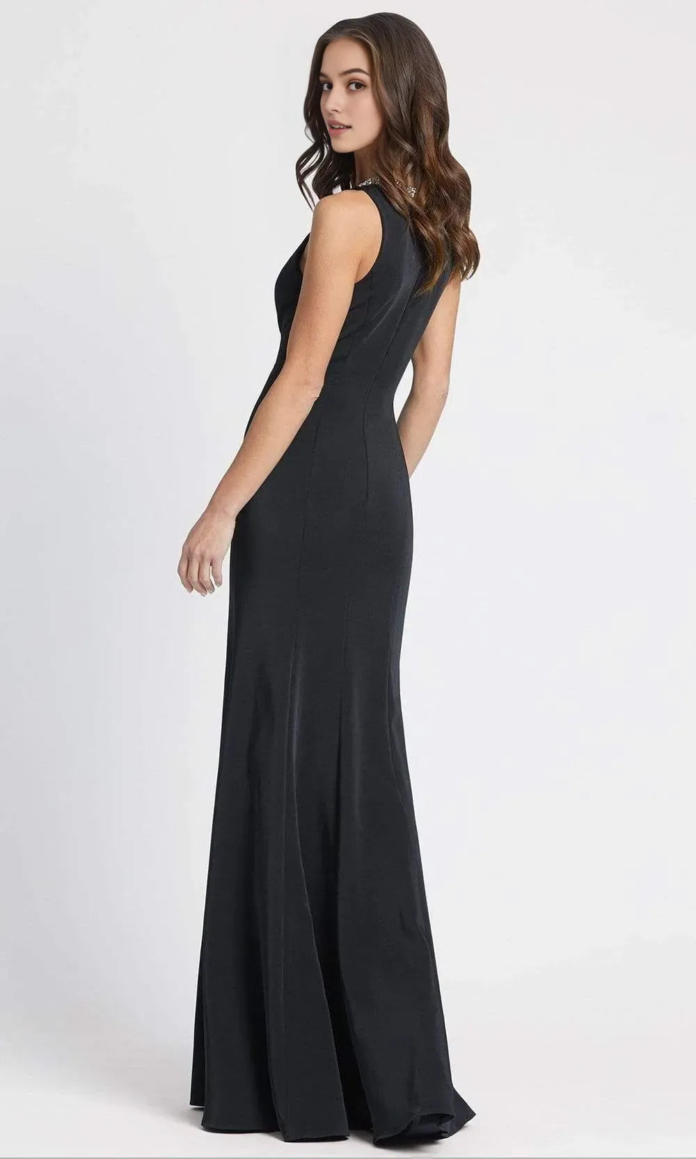Elegant Black Mermaid Style Prom Gown with Crystal Embellished Neckline Crafted from Luxurious Stretch Crepe Fabric for a Flattering Fit at Formal Occasions