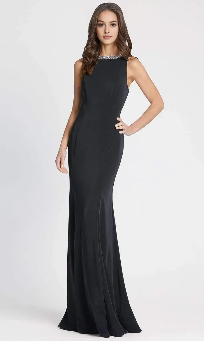 Elegant Black Mermaid Style Prom Gown with Crystal Embellished Neckline Crafted from Luxurious Stretch Crepe Fabric for a Flattering Fit at Formal Occasions