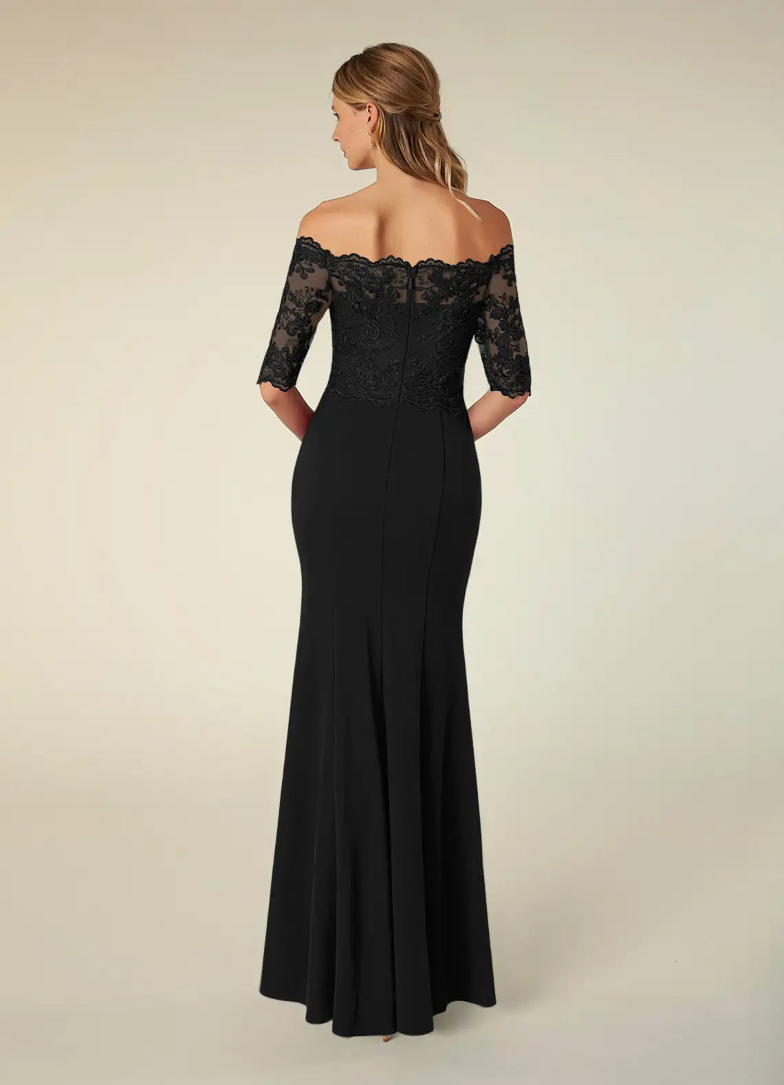 Elegant Black Mother of the Bride Dress Off - Shoulder Neckline Sheer Lace 3/4 Sleeves Embroidered Bodice Mermaid Silhouette