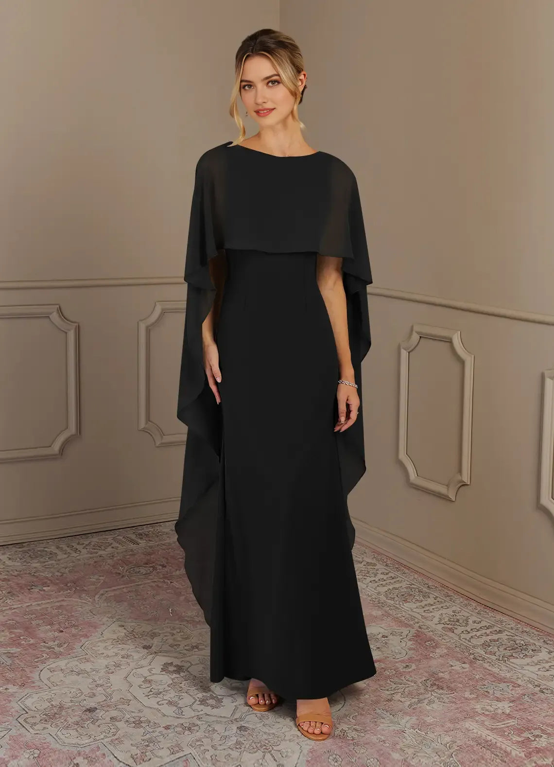 Elegant Black Mother of the Bride Dress with Chiffon Cape Sleeves Floor  Length Silhouette for sale
