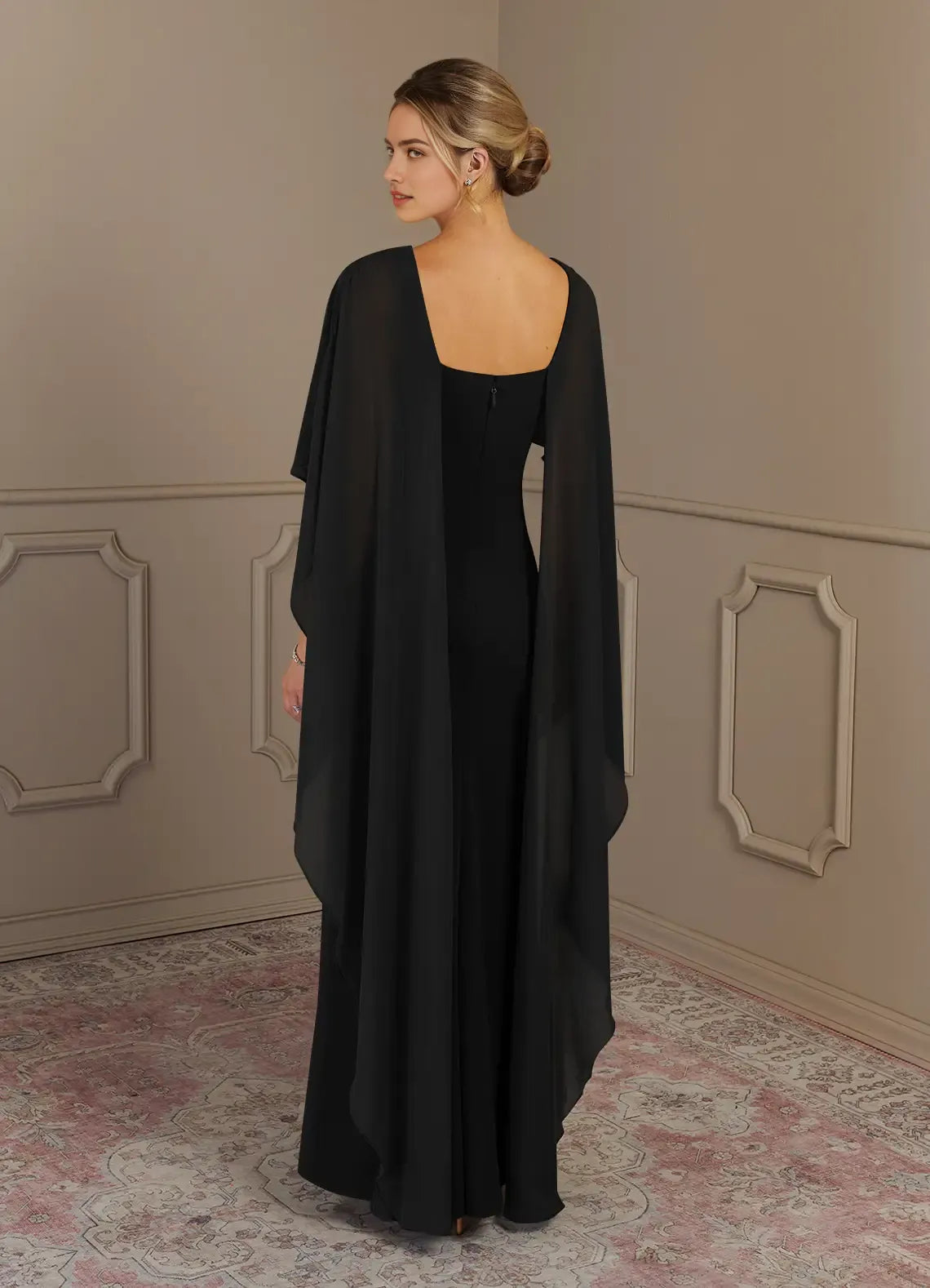 Elegant Black Mother of the Bride Dress with Chiffon Cape Sleeves Floor  Length Silhouette for sale