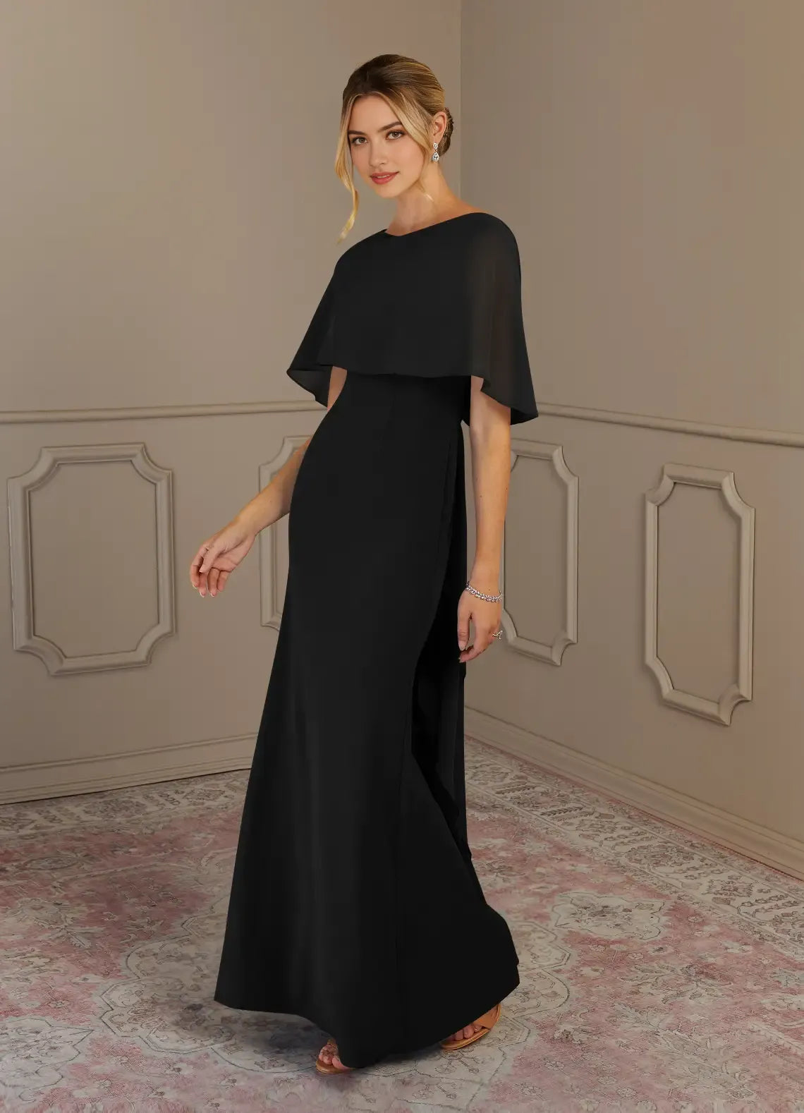 Elegant Black Mother of the Bride Dress with Chiffon Cape Sleeves Floor  Length Silhouette for sale