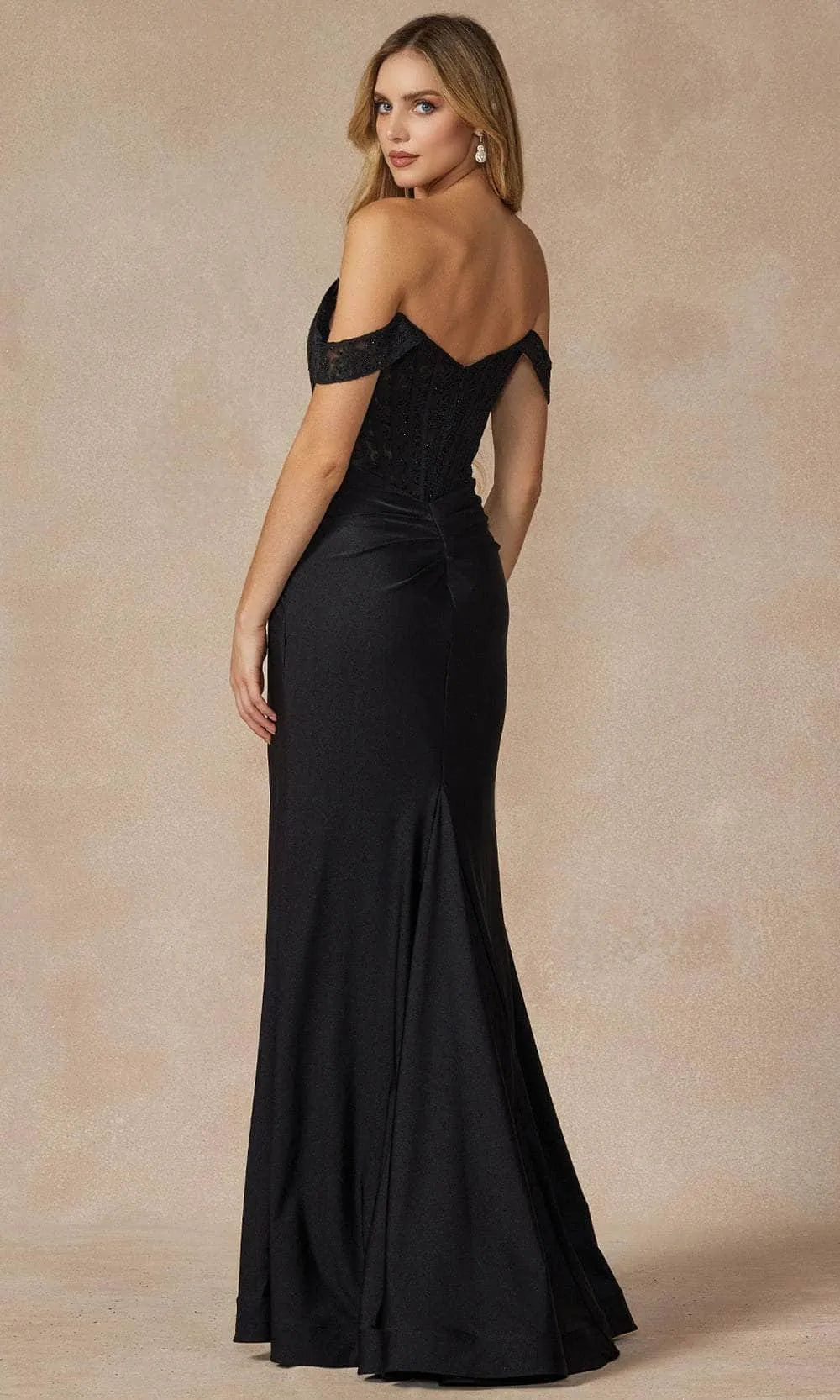 Elegant Black Off - Shoulder Evening Dresses with Lace Corset Bodice and Stretch Crepe Skirt  Perfect for Formal Galas and Special Occasions