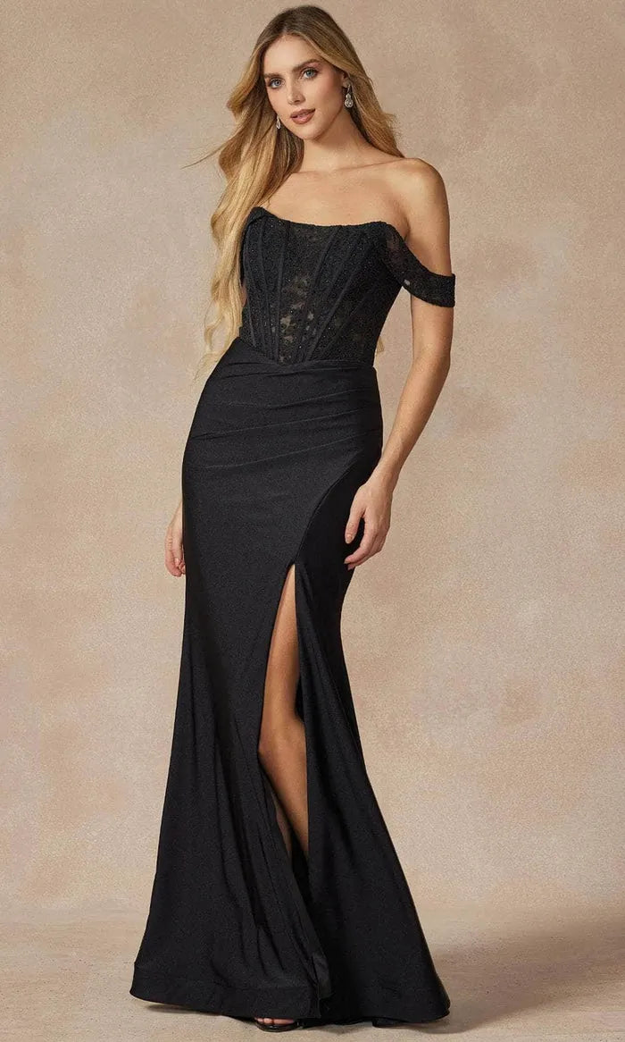 Elegant Black Off - Shoulder Evening Dresses with Lace Corset Bodice and Stretch Crepe Skirt  Perfect for Formal Galas and Special Occasions