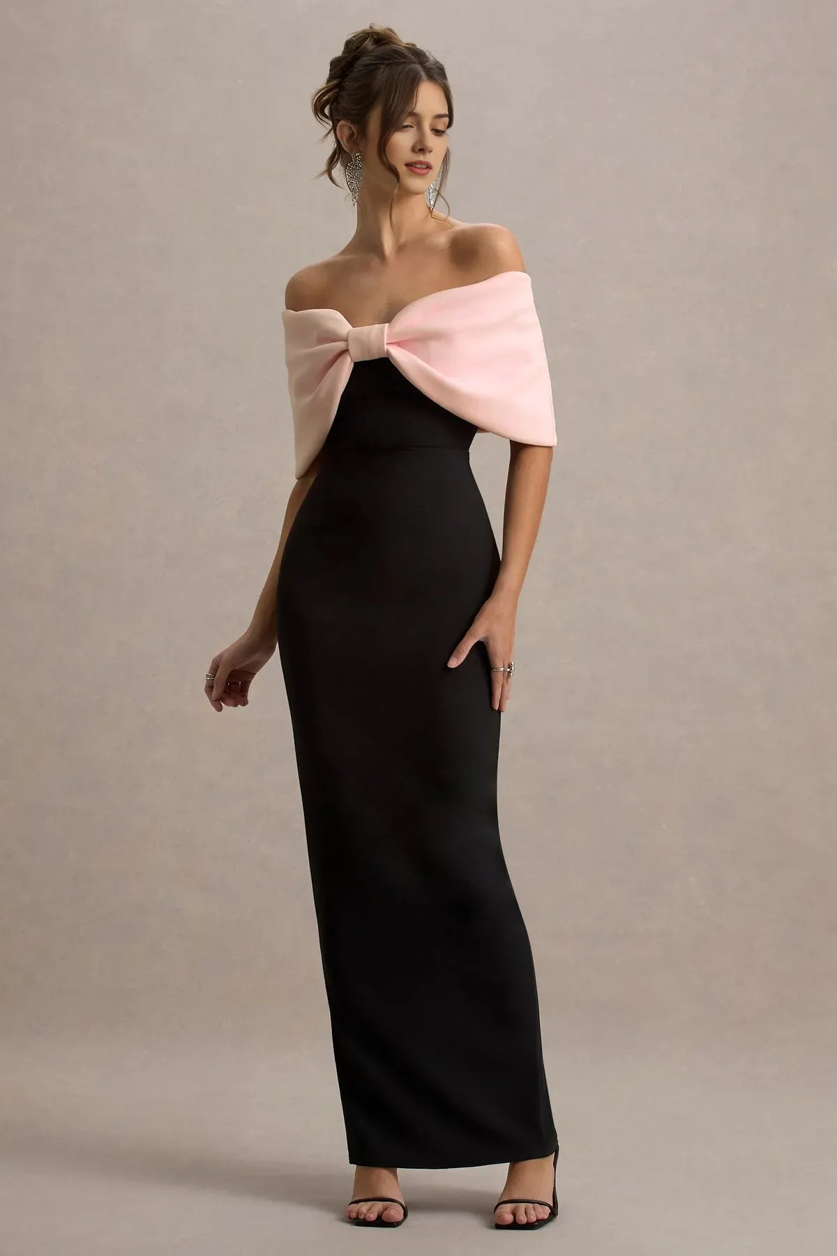 Elegant Black Off - Shoulder Prom Dress with Blush Pink Bow Capelet Bodycon Silhouette Floor  Length Design  Ideal for Glamorous Galas Evening Balls and Sophisticated Soirees