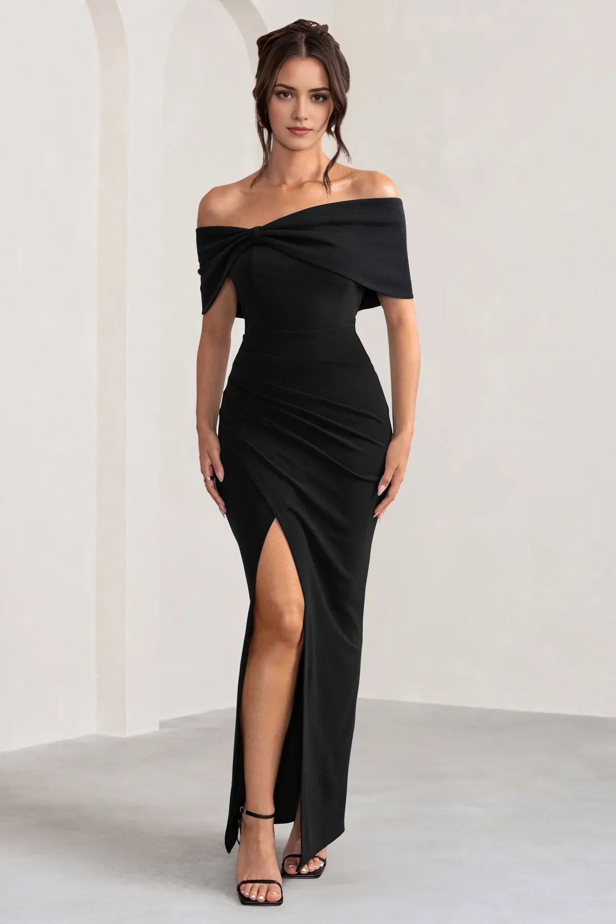 Elegant Black Off Shoulder Prom Dresses with Bow Detail Ruched Skirt and High Side Slit  Perfect for Proms and Formal Galas