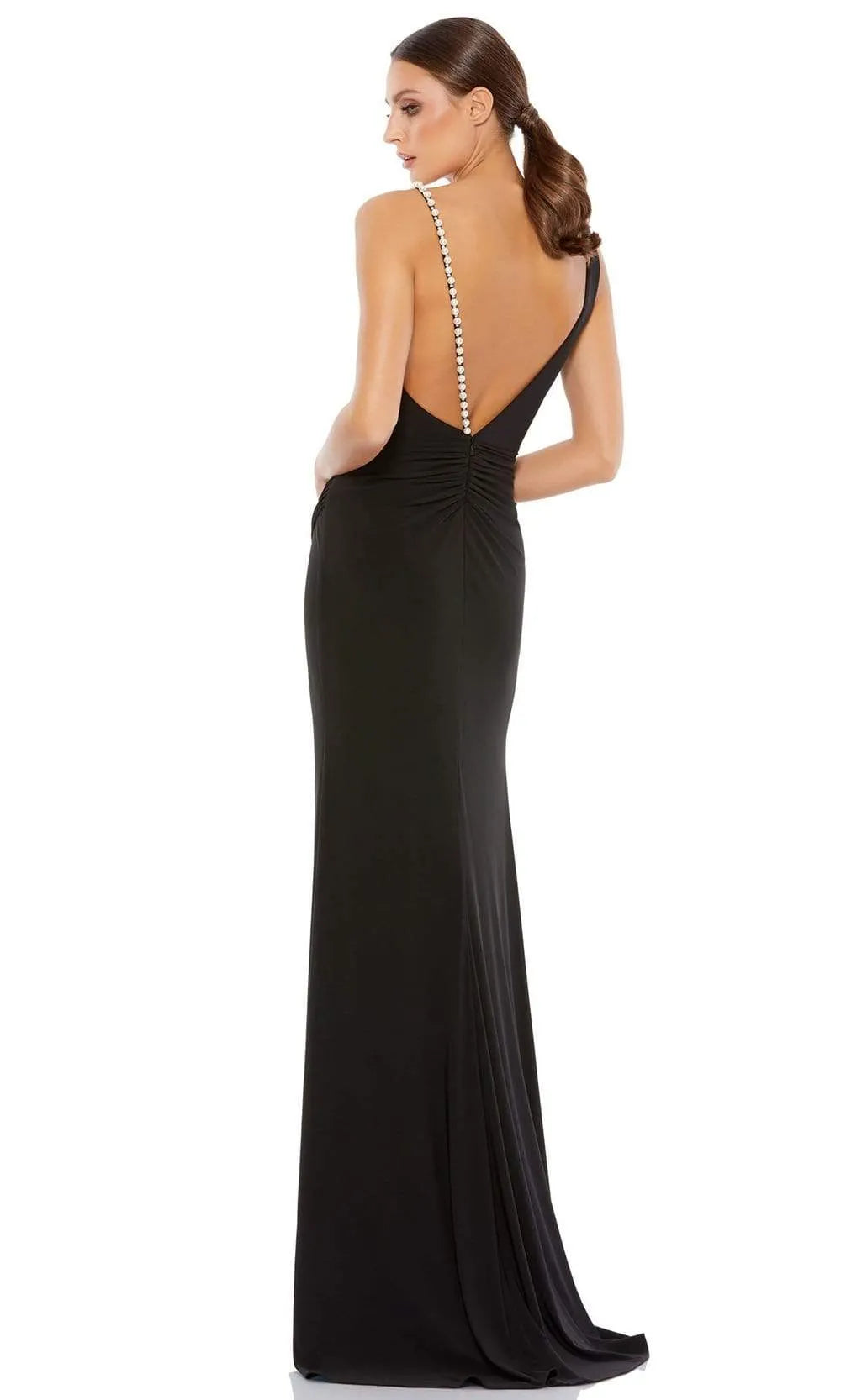 Elegant Black One - Shoulder Pearl Accented Prom Dress with Deep V Neck and High Slit, Perfect for Formal Evening Events