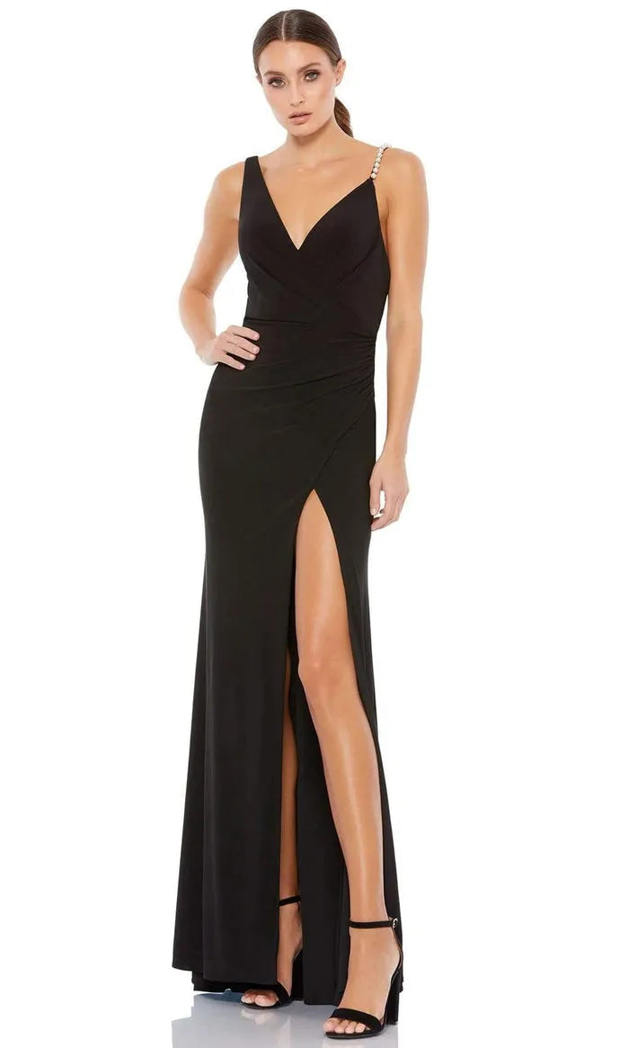 Elegant Black One - Shoulder Pearl Accented Prom Dress with Deep V Neck and High Slit, Perfect for Formal Evening Events