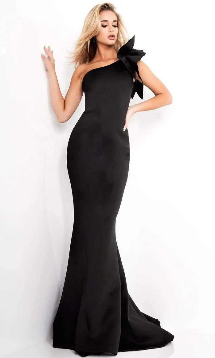 Elegant Black One Shoulder Mermaid Prom Gown with Bow Detail Crafted from Luxurious Stretch Crepe for a Flattering Fit at Formal Occasions