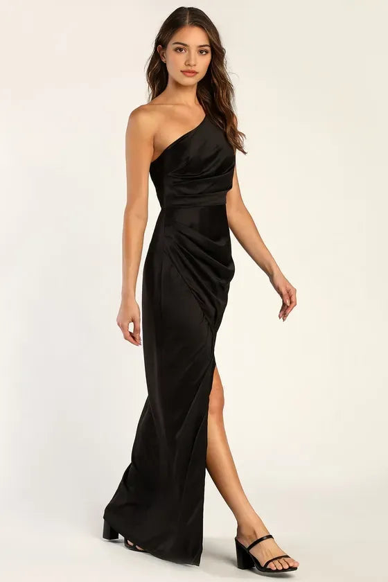 Elegant Black One Shoulder Satin Prom Dresses with Side Slit Timeless Formal Attire for Glamorous Evenings