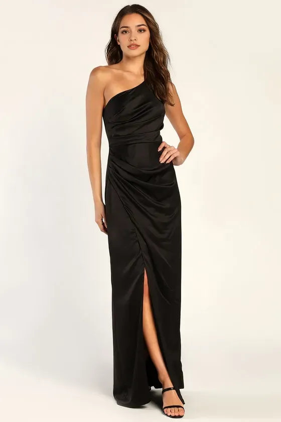 Elegant Black One Shoulder Satin Prom Dresses with Side Slit Timeless Formal Attire for Glamorous Evenings