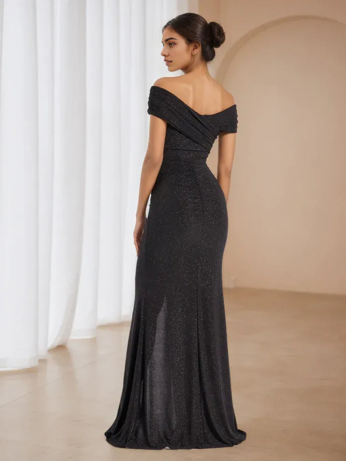 Elegant Black Prom Dresses Off - Shoulder Silhouette Side Slit for Memorable
