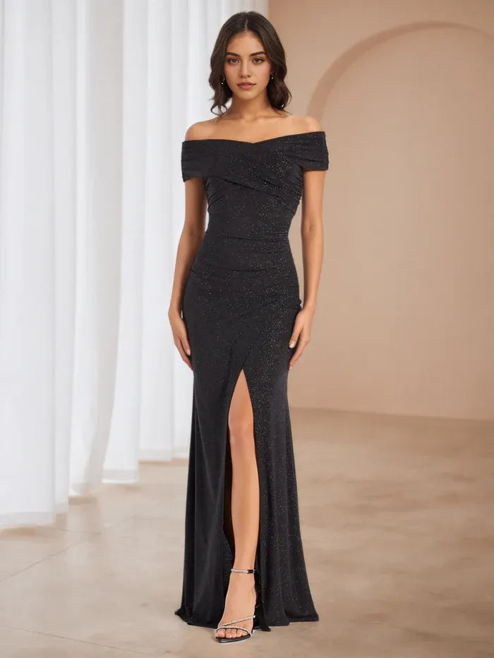 Elegant Black Prom Dresses Off - Shoulder Silhouette Side Slit for Memorable