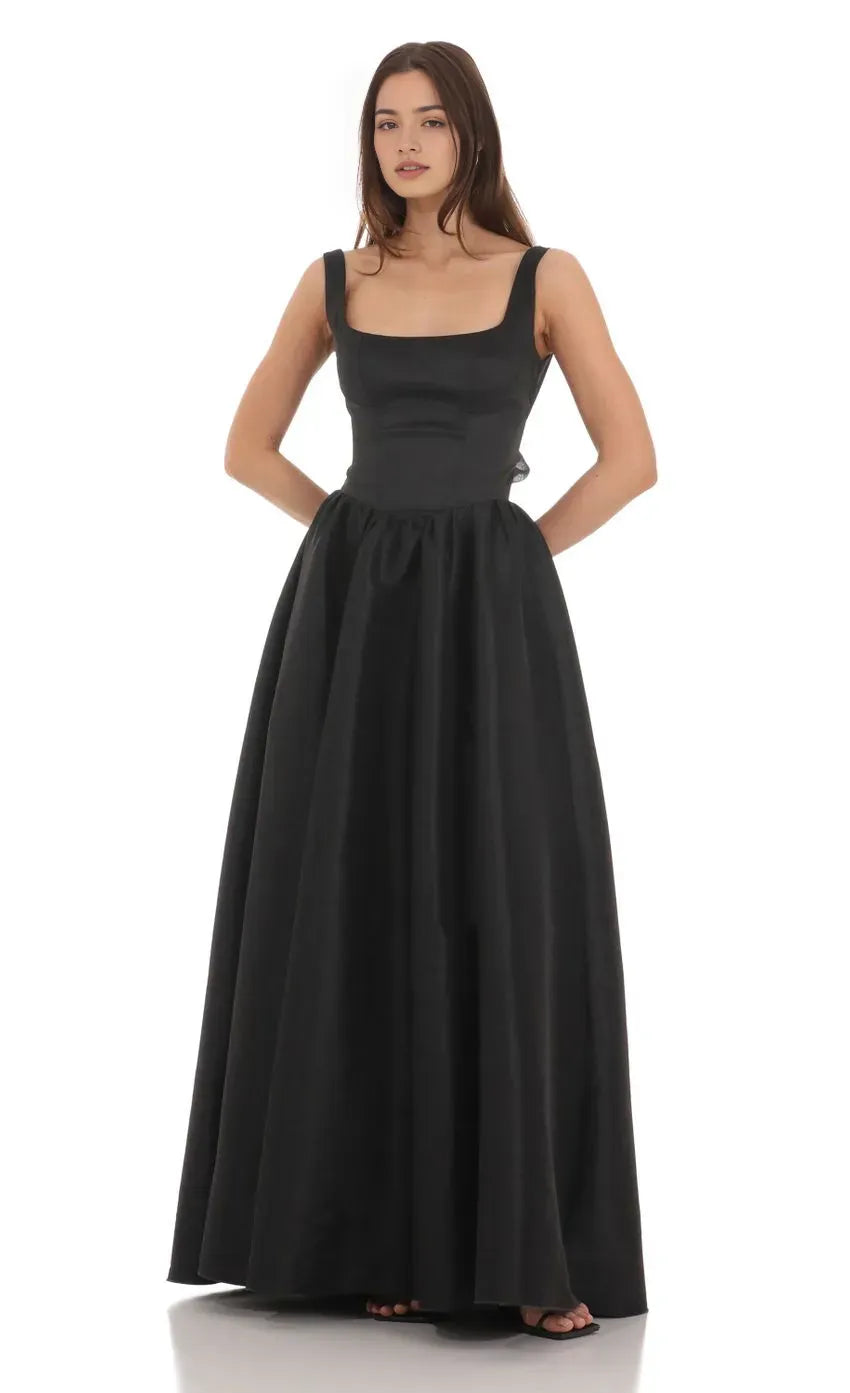 Elegant Black Prom Dress with Square Neckline Wide Straps and Ball Gown Silhouette  Perfect for Formal Prom Nights