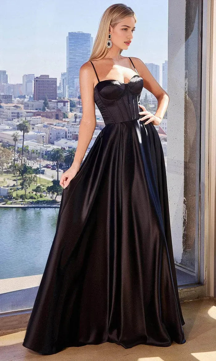 Elegant Black Satin Ball Gown with Corset Bodice and Flowing Skirt for Formal Galas