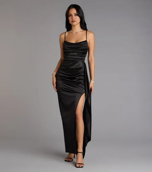 Elegant Black Satin Cowl Neck Mermaid Spaghetti Strap Maxi Prom Dress with High Slit
