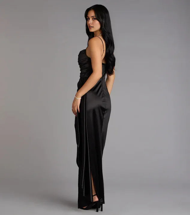 Elegant Black Satin Cowl Neck Mermaid Spaghetti Strap Maxi Prom Dress with High Slit