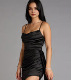 Elegant Black Satin Cowl Neck Mermaid Spaghetti Strap Maxi Prom Dress with High Slit
