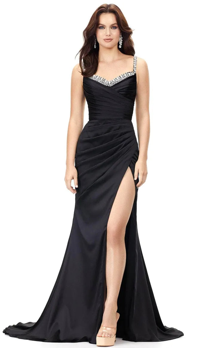Elegant Black Satin Evening Dresses with Crystal Embellished Neckline Ruched Bodice and High Side Slit for Formal Occasions