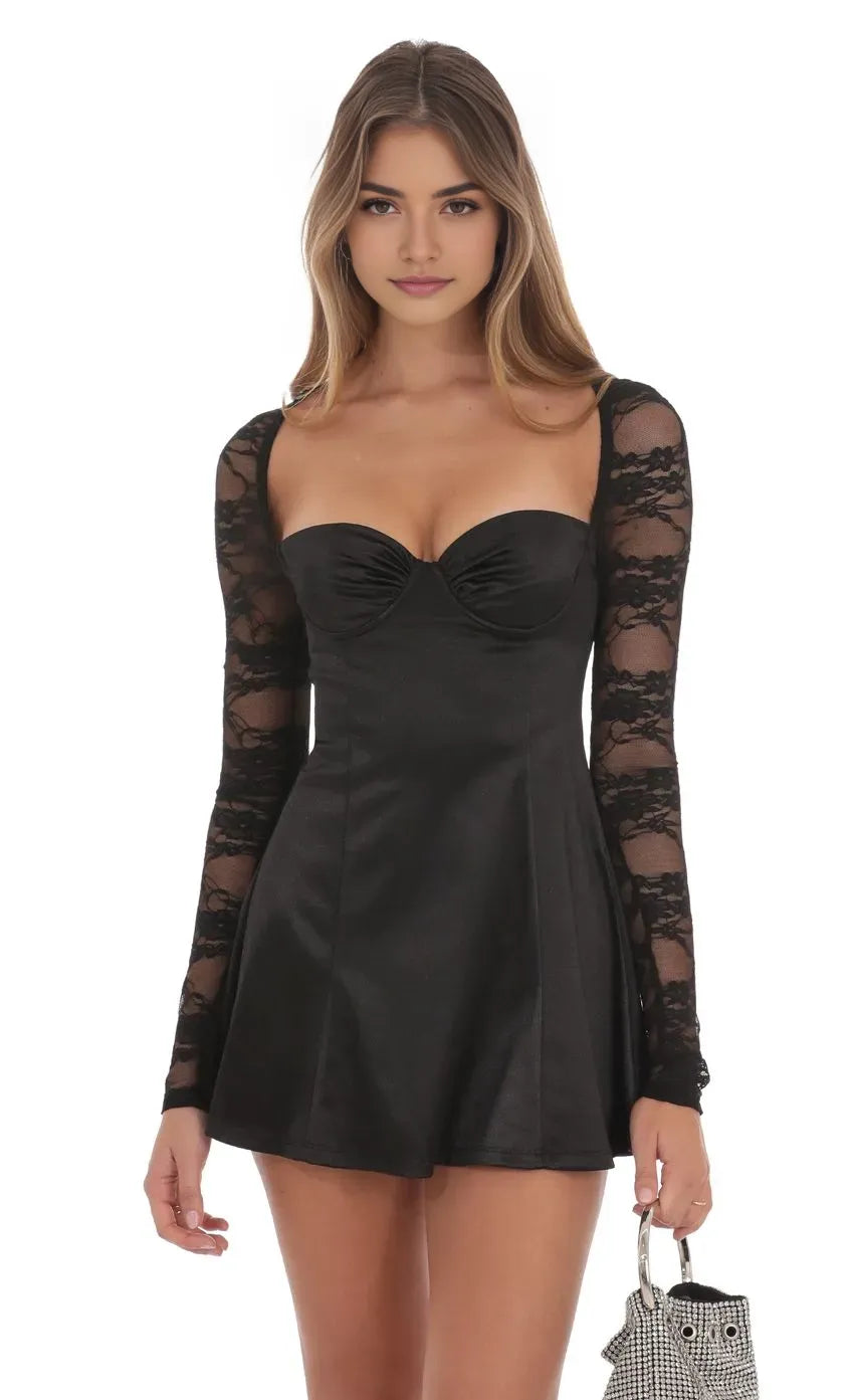 Elegant Black Satin Homecoming Dress with Sweetheart Neckline Sheer Lace Long Sleeves and Flared Skirt Perfect for School Dances