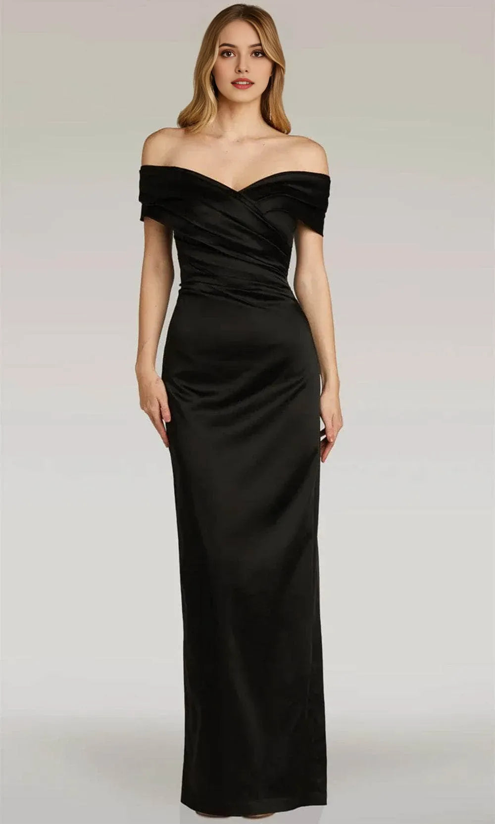 Elegant Black Satin Off Shoulder Evening Dresses with Draped Bodice and Figure Hugging Silhouette Perfect for Formal Black Tie Weddings and Sophisticated