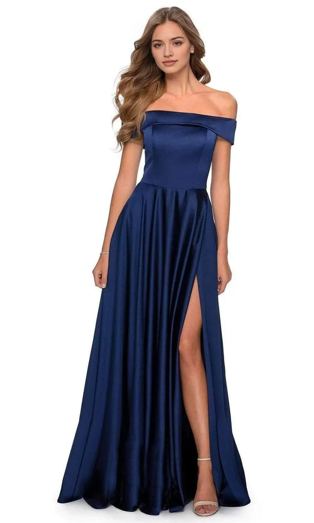 Elegant Black Satin Off Shoulder Prom Dress with High Side Slit for Timeless Glamour