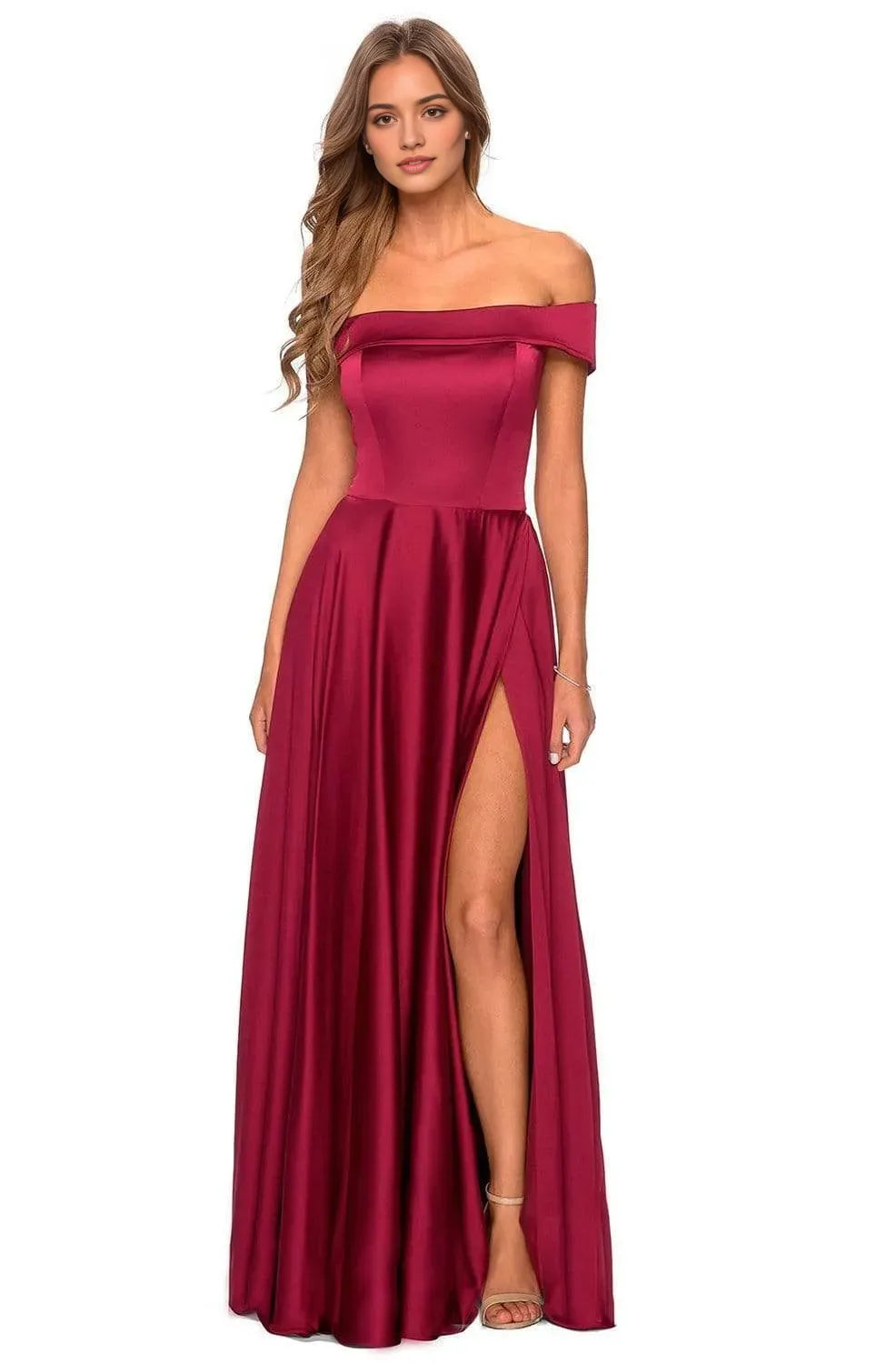 Elegant Black Satin Off Shoulder Prom Dress with High Side Slit for Timeless Glamour