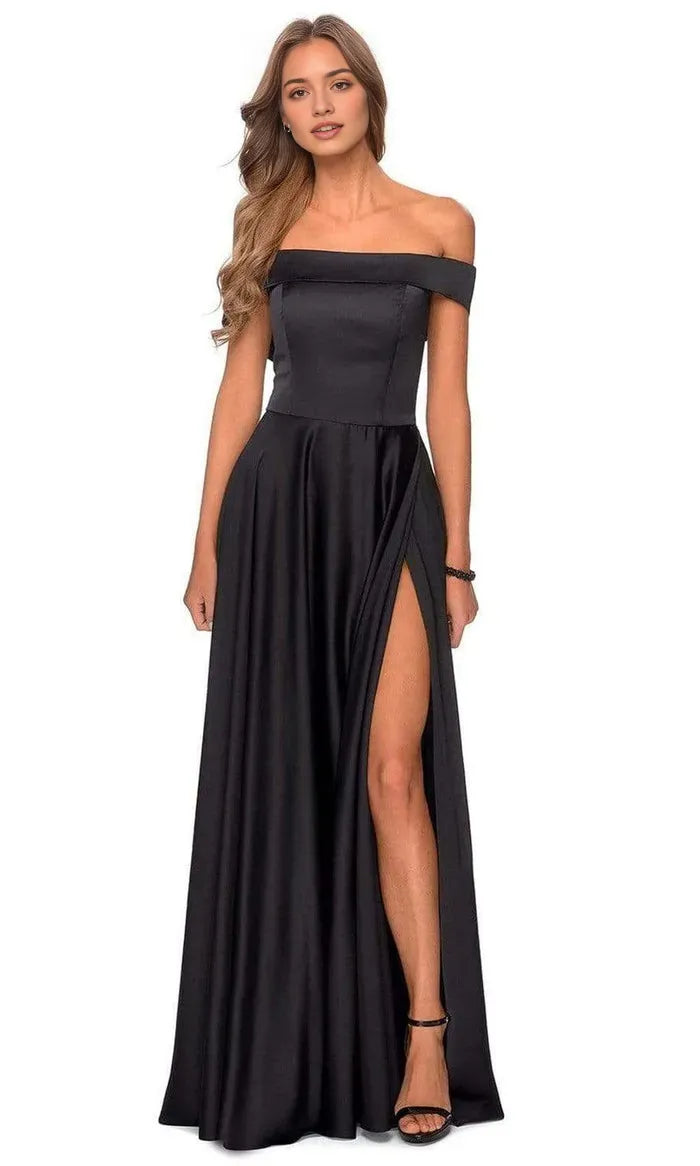 Elegant Black Satin Off Shoulder Prom Dress with High Side Slit for Timeless Glamour