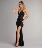Elegant Black Satin Plunge V-neckline Sleeveless Mermaid  Side Leg Slit Maxi Dress for women Prom Dress ﻿