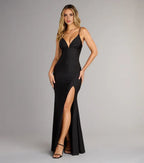 Elegant Black Satin Plunge V-neckline Sleeveless Mermaid  Side Leg Slit Maxi Dress for women Prom Dress ﻿