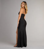 Elegant Black Satin Plunge V-neckline Sleeveless Mermaid  Side Leg Slit Maxi Dress for women Prom Dress ﻿
