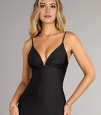 Elegant Black Satin Plunge V-neckline Sleeveless Mermaid  Side Leg Slit Maxi Dress for women Prom Dress ﻿