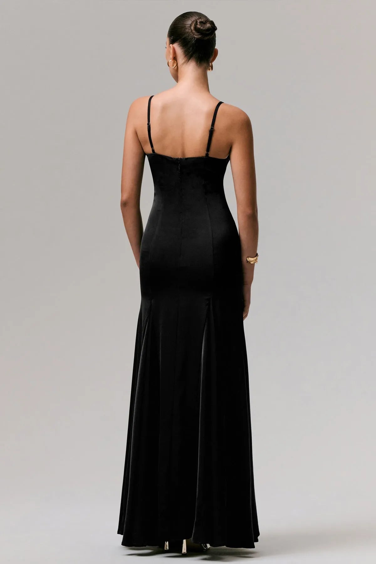 Elegant Black Satin Prom Dresses with Spaghetti Straps Plunging V - Neck and Fluted Mermaid Hem  A Timeless Choice for Glamorous Evenings