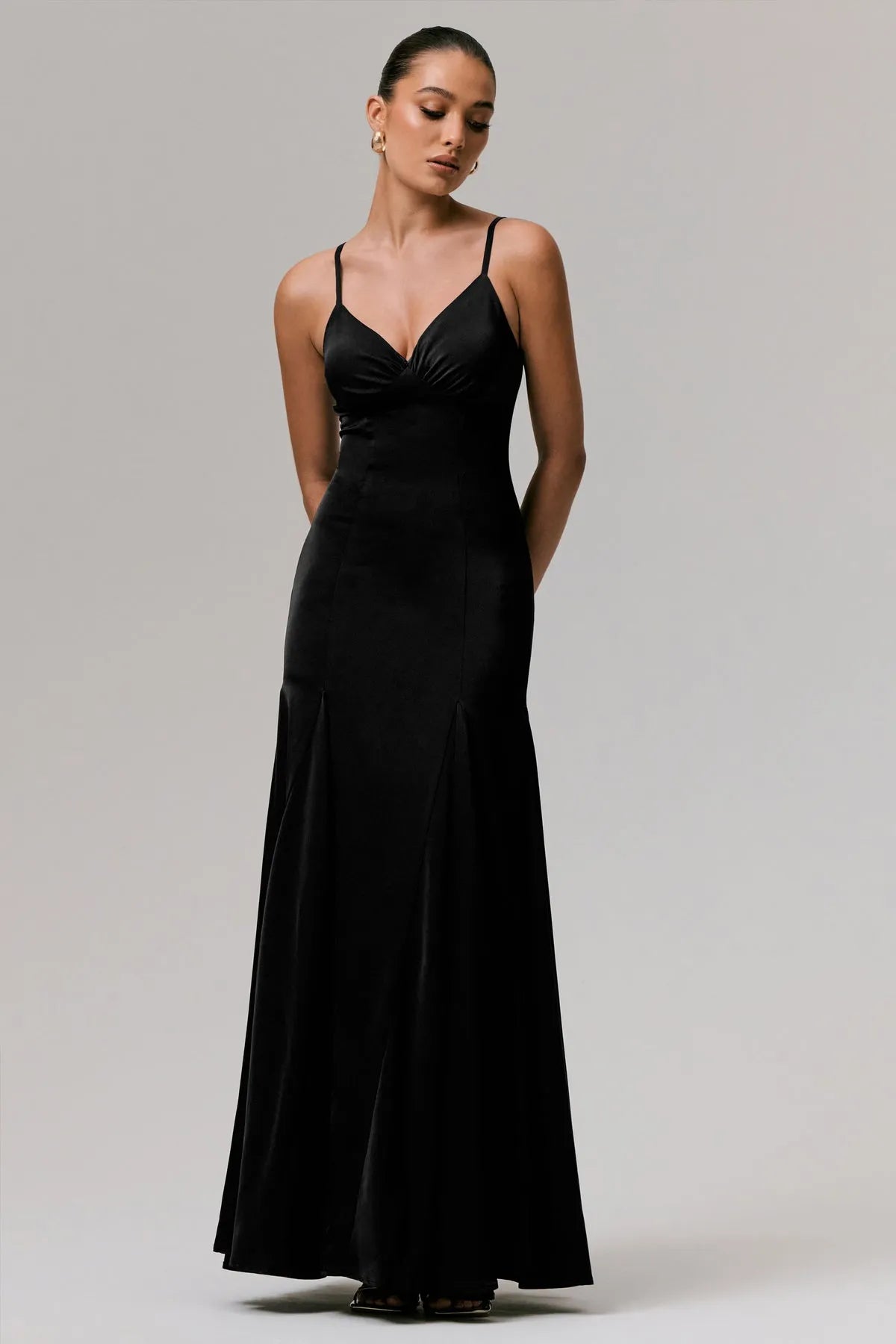 Elegant Black Satin Prom Dresses with Spaghetti Straps Plunging V - Neck and Fluted Mermaid Hem  A Timeless Choice for Glamorous Evenings