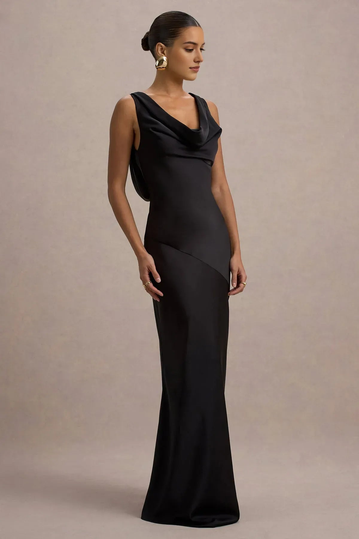 Elegant Black Satin Prom Dress with Cowl Neckline and Asymmetric Drape Detail for Timeless Sophistication