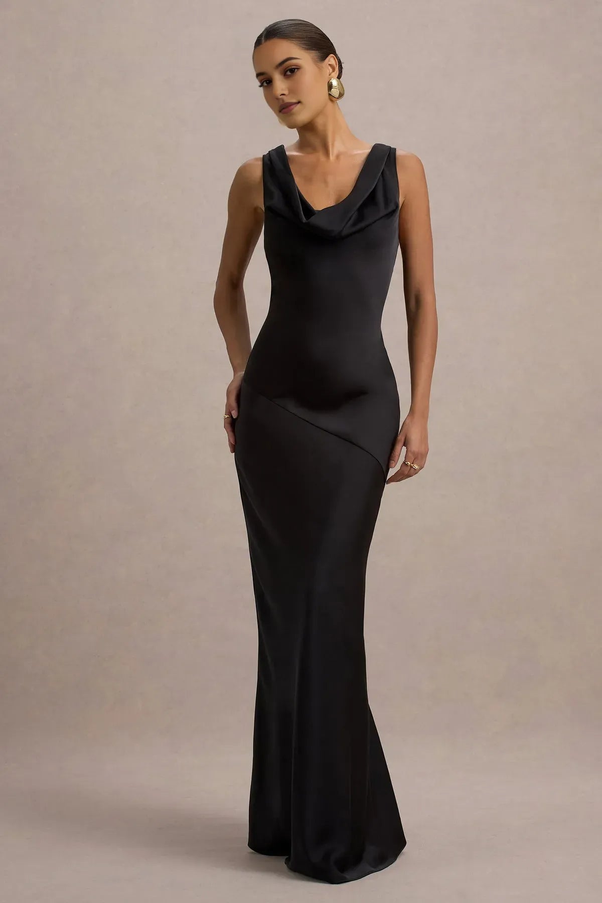 Elegant Black Satin Prom Dress with Cowl Neckline and Asymmetric Drape Detail for Timeless Sophistication