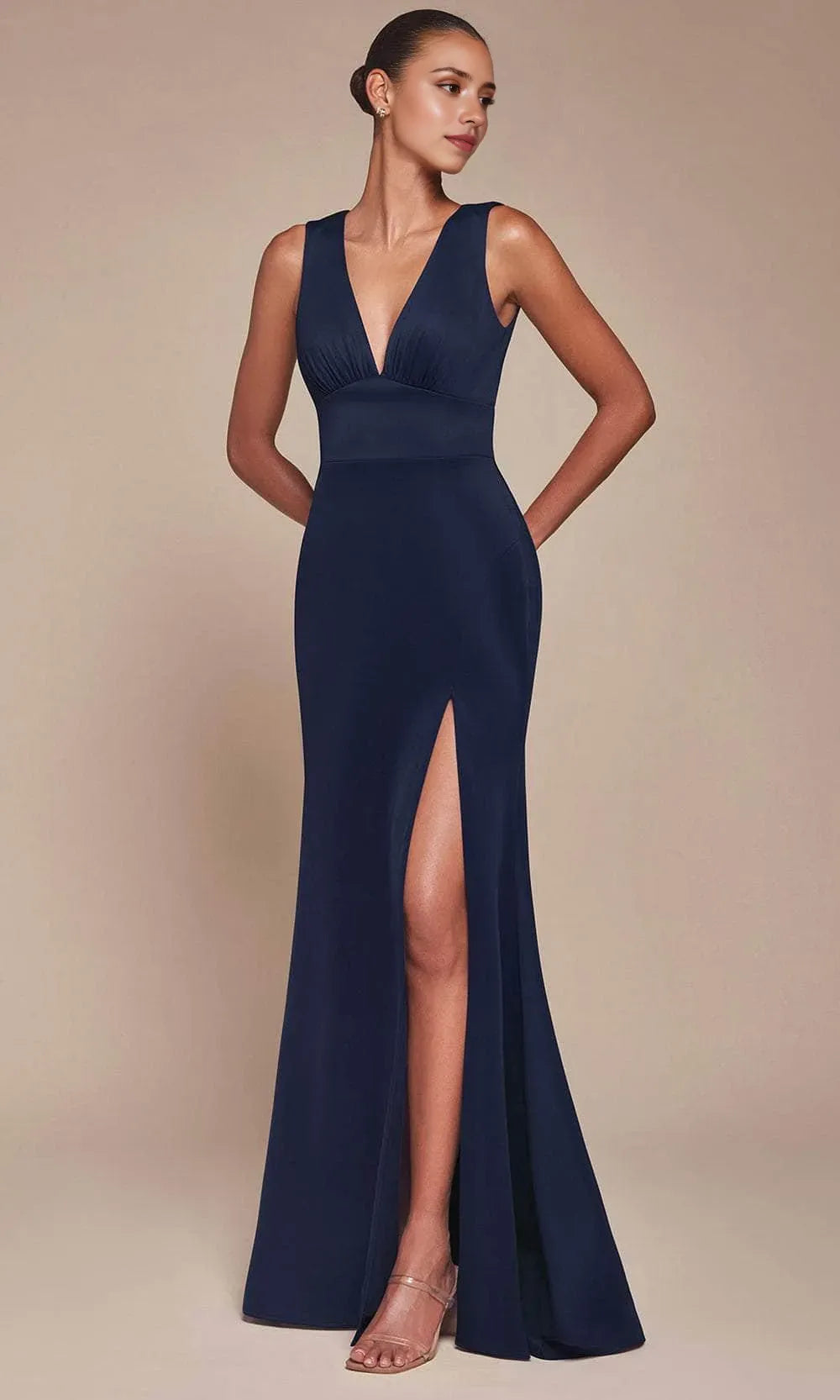 Elegant Black Satin Prom Dress with Deep V Neckline Ruched Bodice and High Side Slit for Formal Evening Events