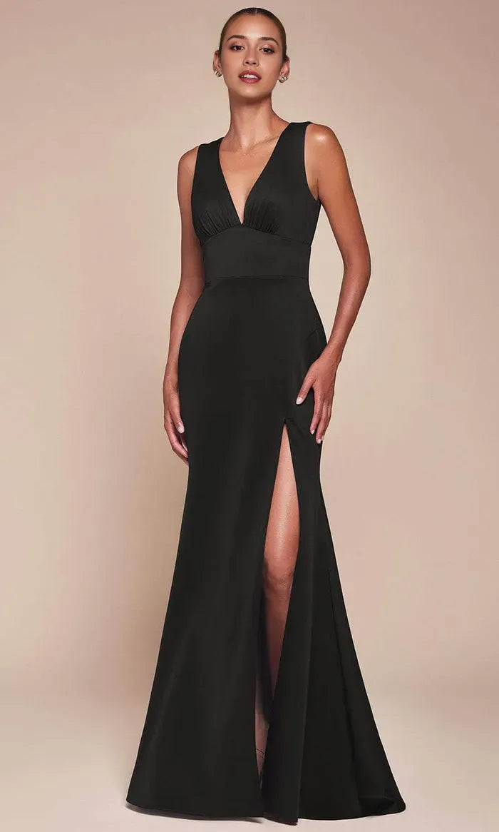 Elegant Black Satin Prom Dress with Deep V Neckline Ruched Bodice and High Side Slit for Formal Evening Events
