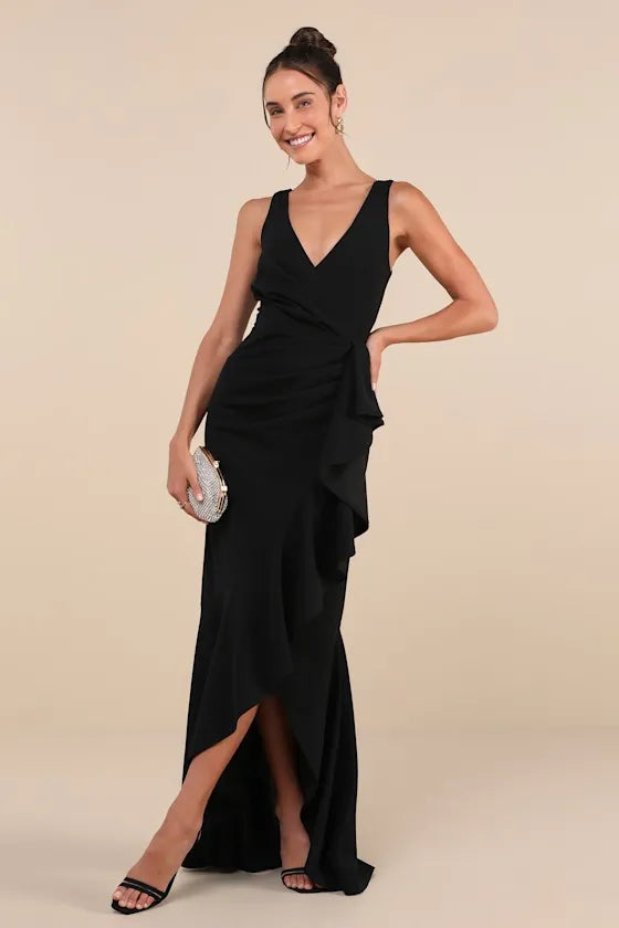 Elegant Black Satin Prom Dress with Plunging V - Neckline Asymmetric Ruffle Wrap Detail and High  Low Hem for Formal Occasions