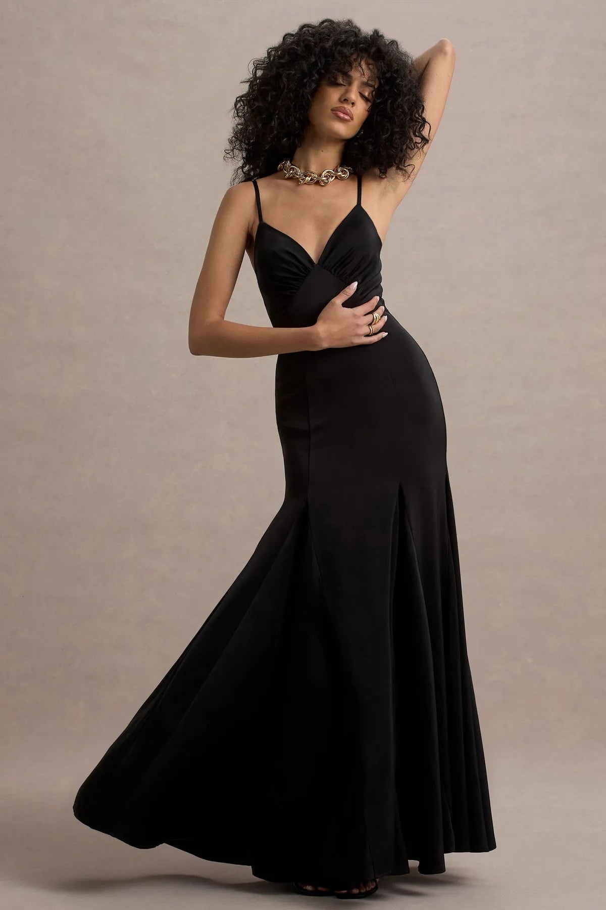 Elegant Black Satin Prom Dress with Spaghetti Straps V - Neckline and Flared Mermaid Hem for Formal Occasions