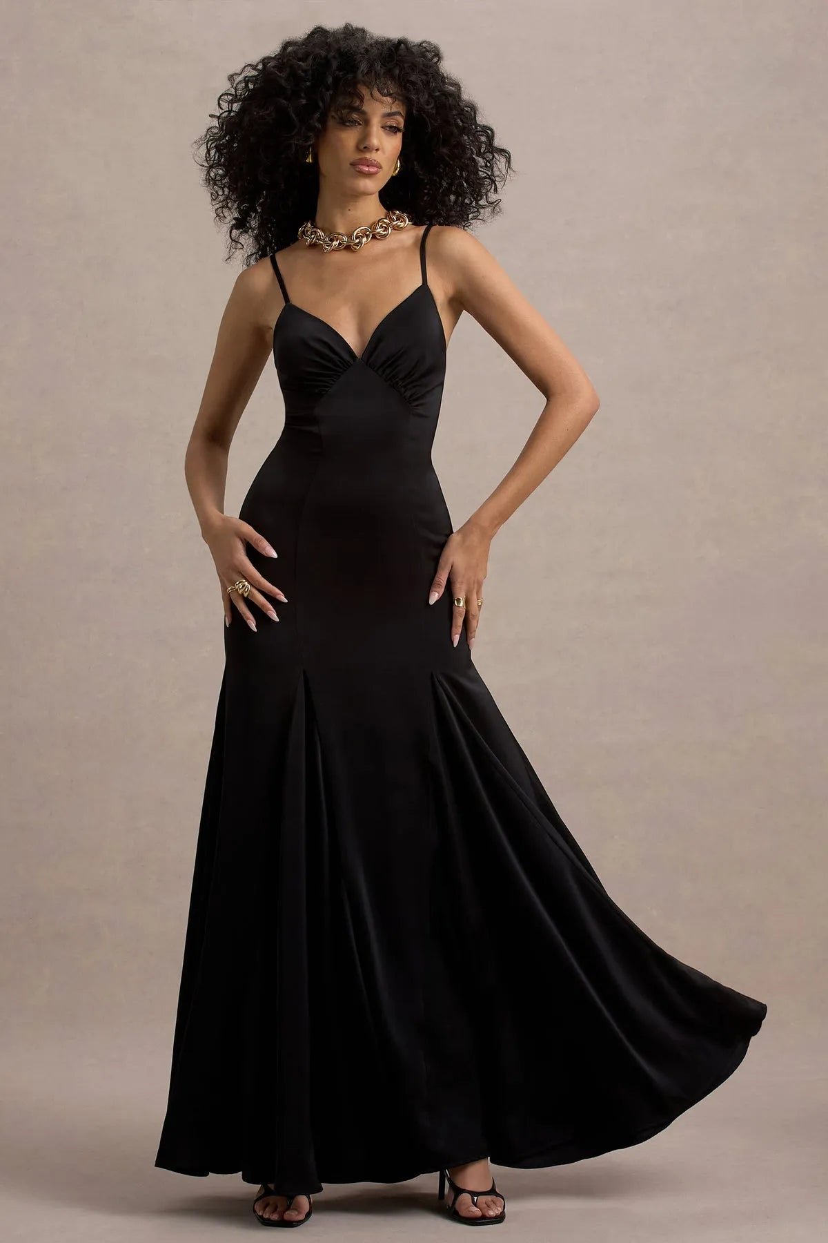 Elegant Black Satin Prom Dress with Spaghetti Straps V - Neckline and Flared Mermaid Hem for Formal Occasions