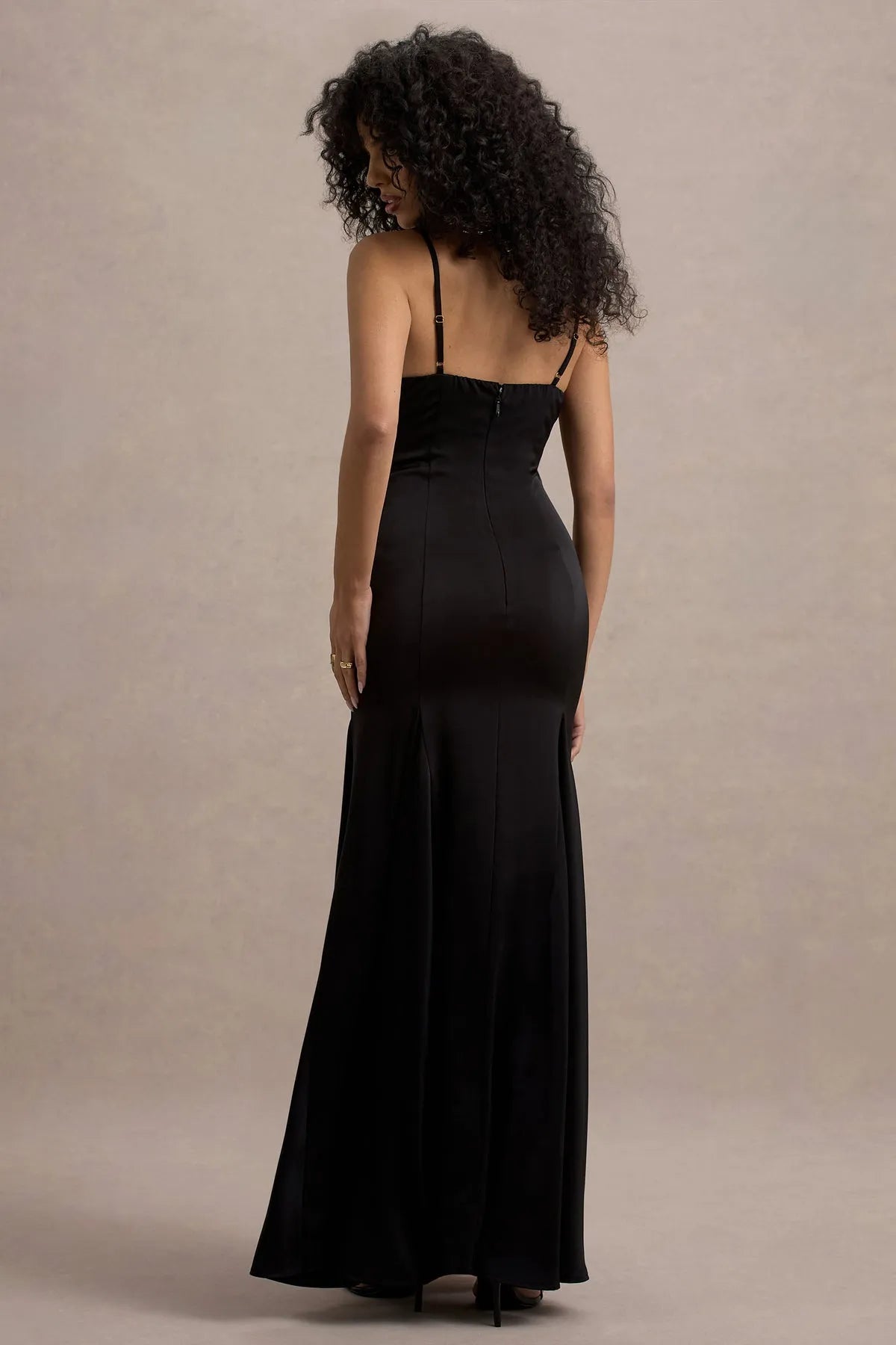 Elegant Black Satin Prom Dress with Spaghetti Straps V - Neckline and Flared Mermaid Hem for Formal Occasions
