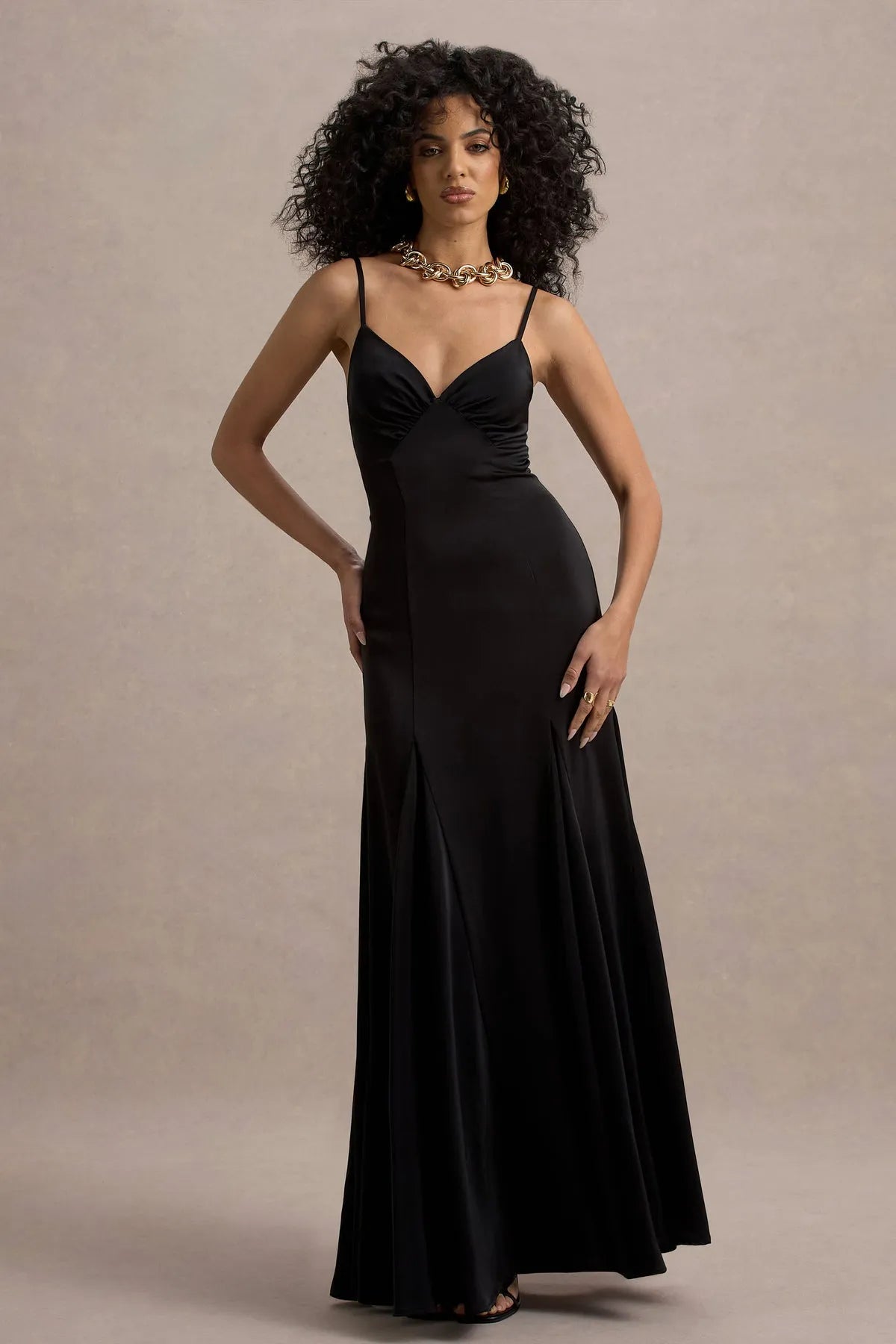 Elegant Black Satin Prom Dress with Spaghetti Straps V - Neckline and Flared Mermaid Hem for Formal Occasions