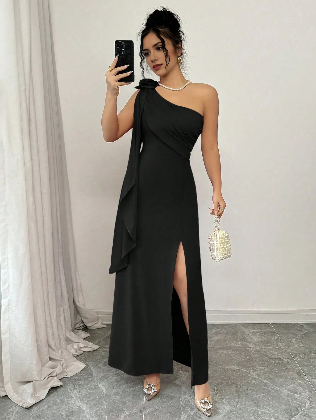 Elegant Black Sheath One-Shoulder Sleeveless Floor-Length Drape Detail Slit Prom Dress Hot sale