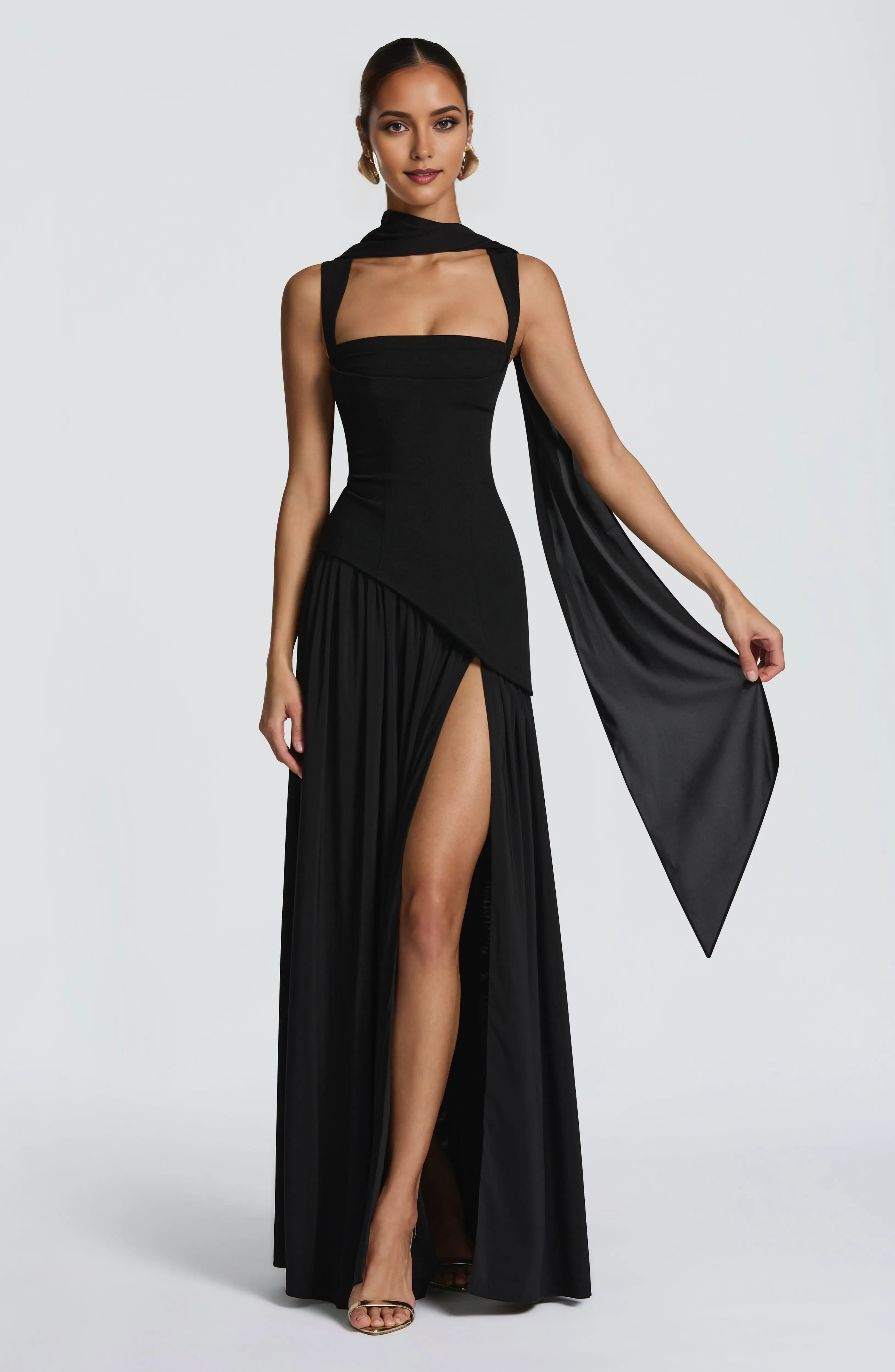 Elegant Black Sheath Square Neckline Sleeveless Lace Up Back High Slit Floor -Length Prom Dresses Hot Sale