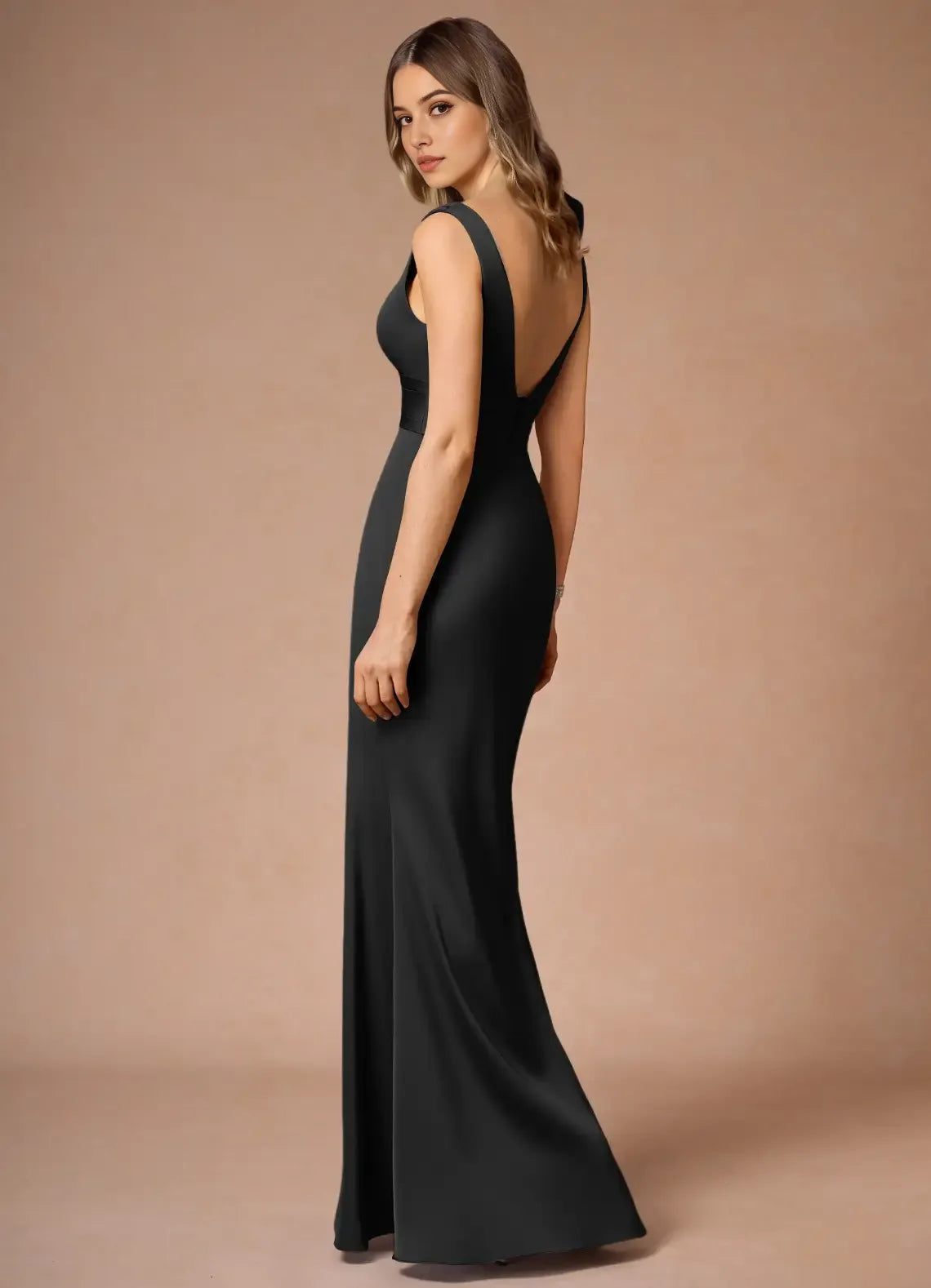 Elegant Black Sleeveless Prom Dress with Deep V - Neckline Bow Accent and Waist - Defining Band for Formal Occasions