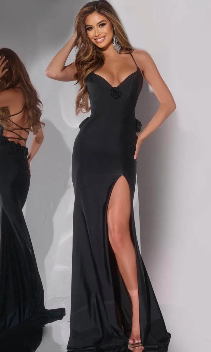 Elegant Black Spaghetti Strap V - Neck Prom Gown with Side Slit and Floral Accents Perfect for Formal Evening Events