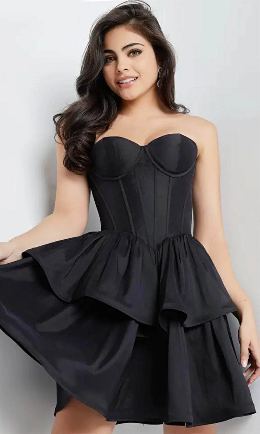 Elegant Black Strapless Corset Homecoming Dress with Tiered Ruffle Skirt Perfect for Prom Nights