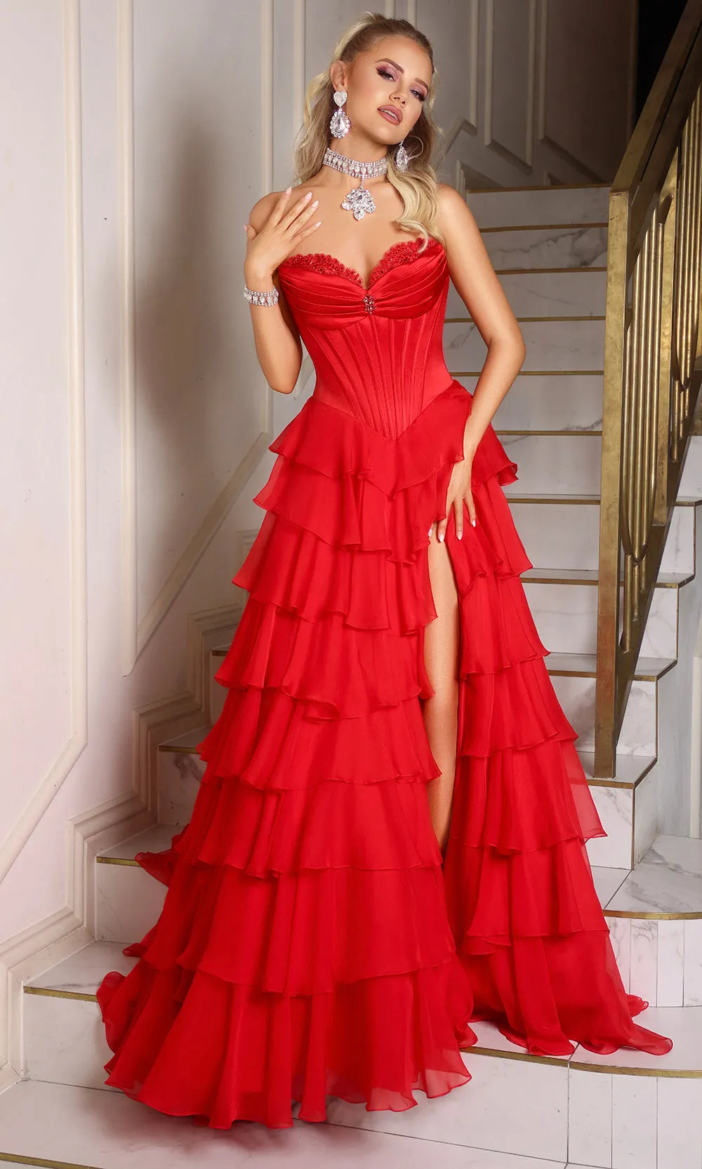 Elegant Black Strapless Evening Dress featuring Lace Accent Corset Style Top Tiered Ruffled Hem and Side Slit to Elevate Your Night